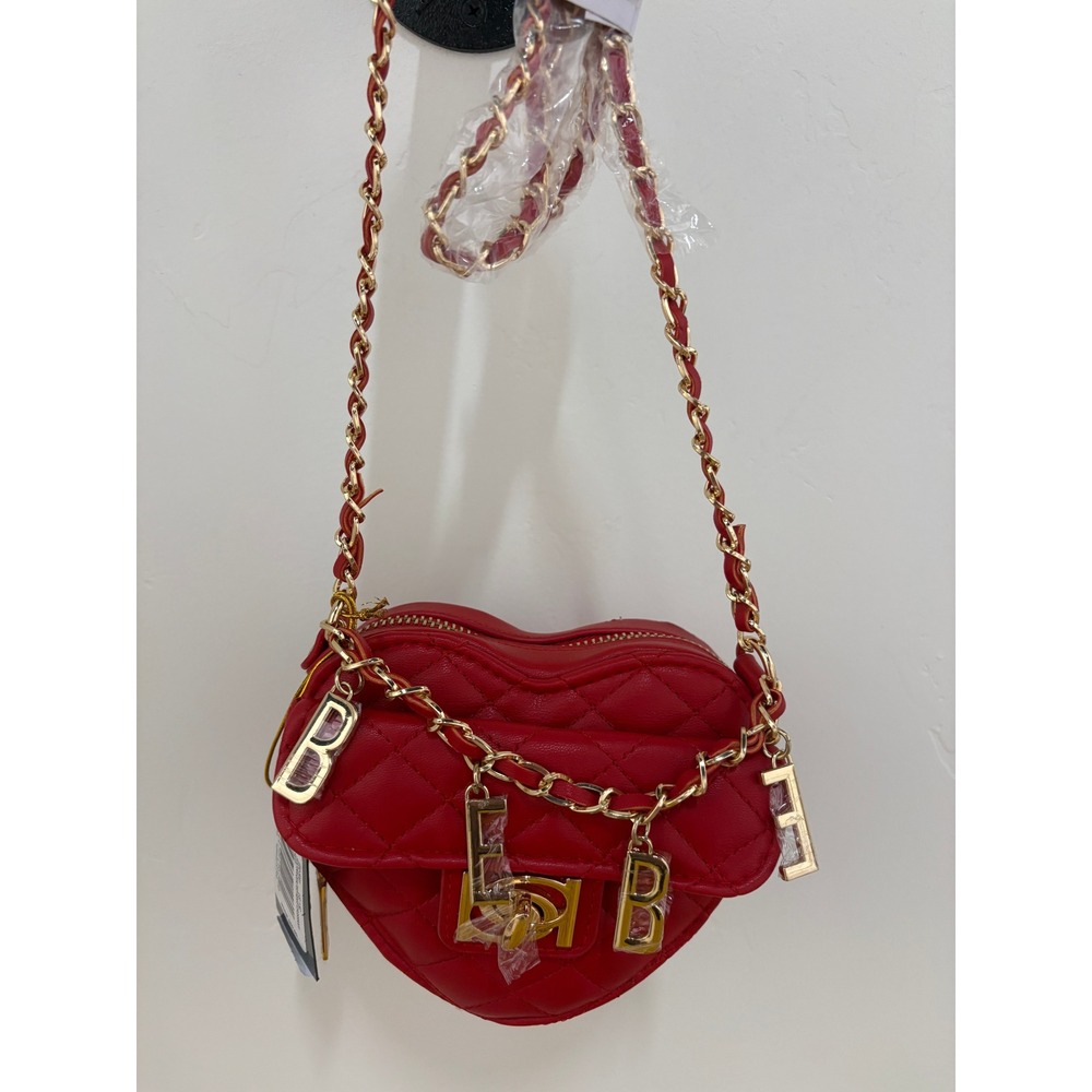 Bebe Solana Quilted‎ Heart Crossbody Bag Red Gold Chain Letter Charms E02-5091